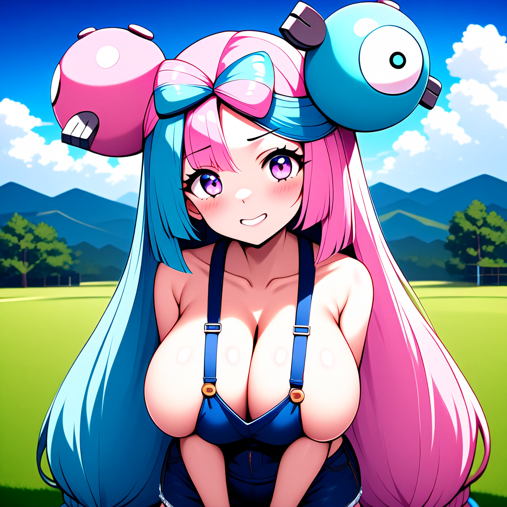 ai_generated alternate_body_type alternate_breast_size artist_(wolf) bare_shoulders big_breasts blue_hair breasts cleavage collarbone creatures_(company) denim_clothing game_freak gym_leader iono_(pokemon) large_breasts long_hair nintendo npc_trainer overalls overalls_only pink_hair pokemon pokemon_sv purple_eyes sideboob sleeves smile smiling twintails two_tone_hair