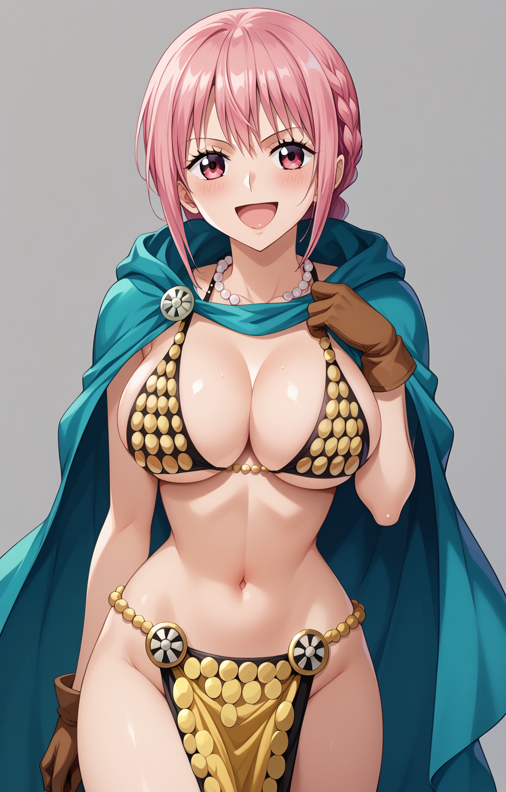 1girls ai_generated big_breasts bikini bikini_top blue_eyes braid braided_hair cleavage cloak collarbone female_focus female_only gloves gold_bikini green_cape large_breasts light-skinned_female light_skin necklace one_ai_art one_piece pearl_necklace pelvic_curtain rebecca_(one_piece) shonen_jump single_braid smile solo solo_female solo_focus