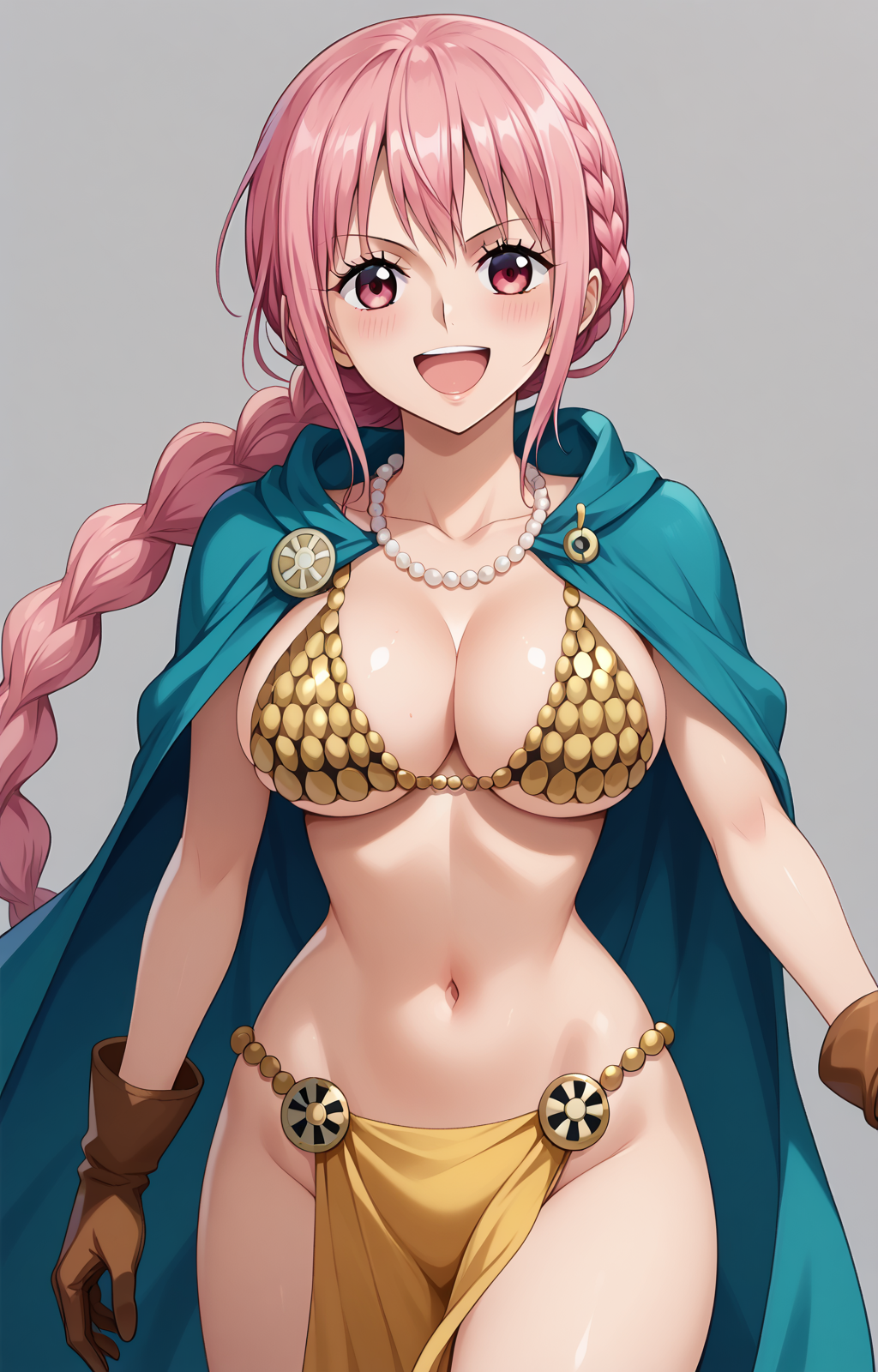 1girls ai_generated big_breasts bikini bikini_top blue_eyes braid braided_hair cleavage collarbone female_focus female_only gloves gold_bikini green_cape large_breasts light-skinned_female light_skin one_ai_art one_piece rebecca_(one_piece) single_braid smile solo solo_female solo_focus