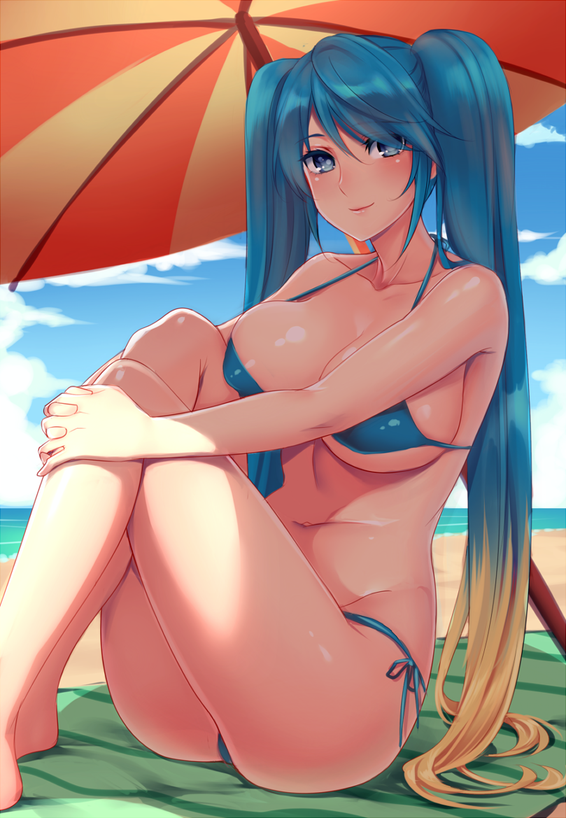 :) barefoot beach bikini blue_eyes blue_hair breasts female gradient_hair large_breasts league_of_legends looking_at_viewer ocean smile solo sona_buvelle spichis tagme umbrella