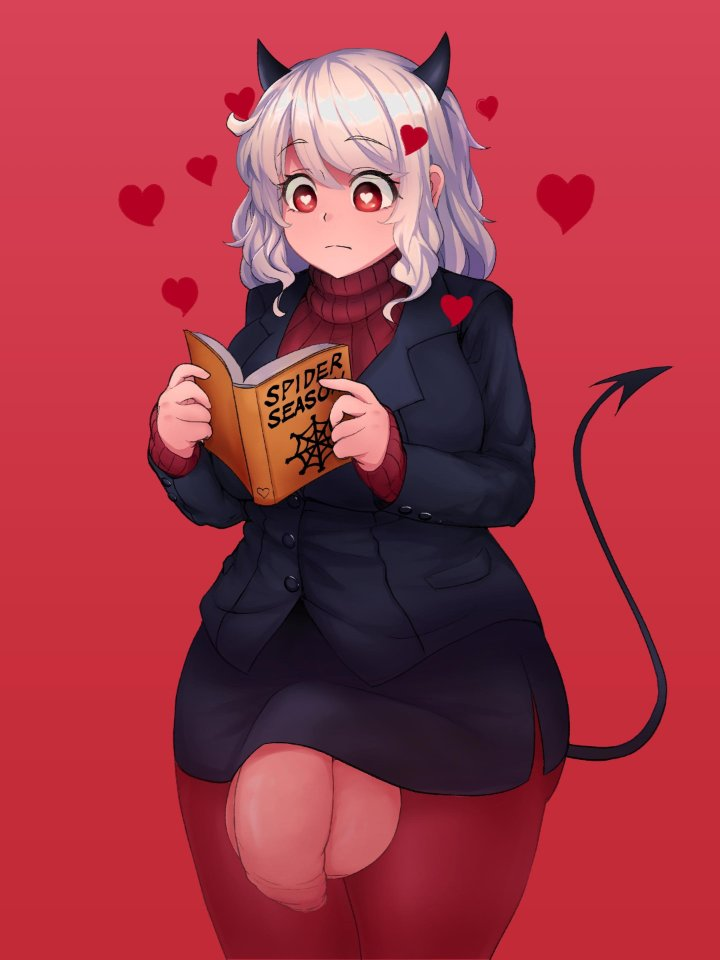 black_dress breasts clothes_lift demon demon_girl demon_horns dress flaccid foreskin futanari heart heart-shaped_pupils helltaker horns large_breasts large_penis minishell modeus_(helltaker) penis red_eyes skirt skirt_lift solo symbol-shaped_pupils testicles