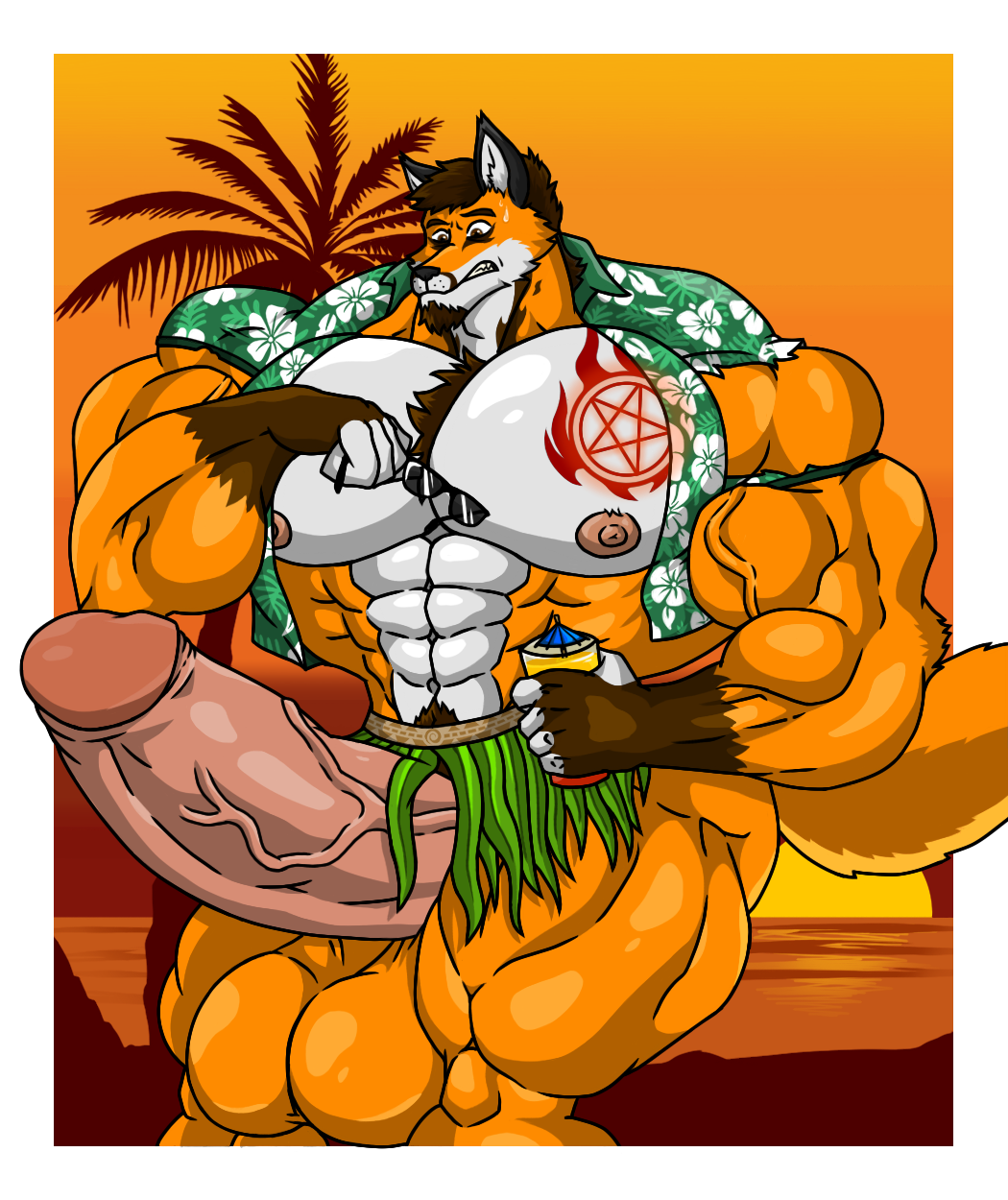 1boy 2d anthro big boner dick drink fabian fiery_werefox fox furry growth male muscle orange_fur penis