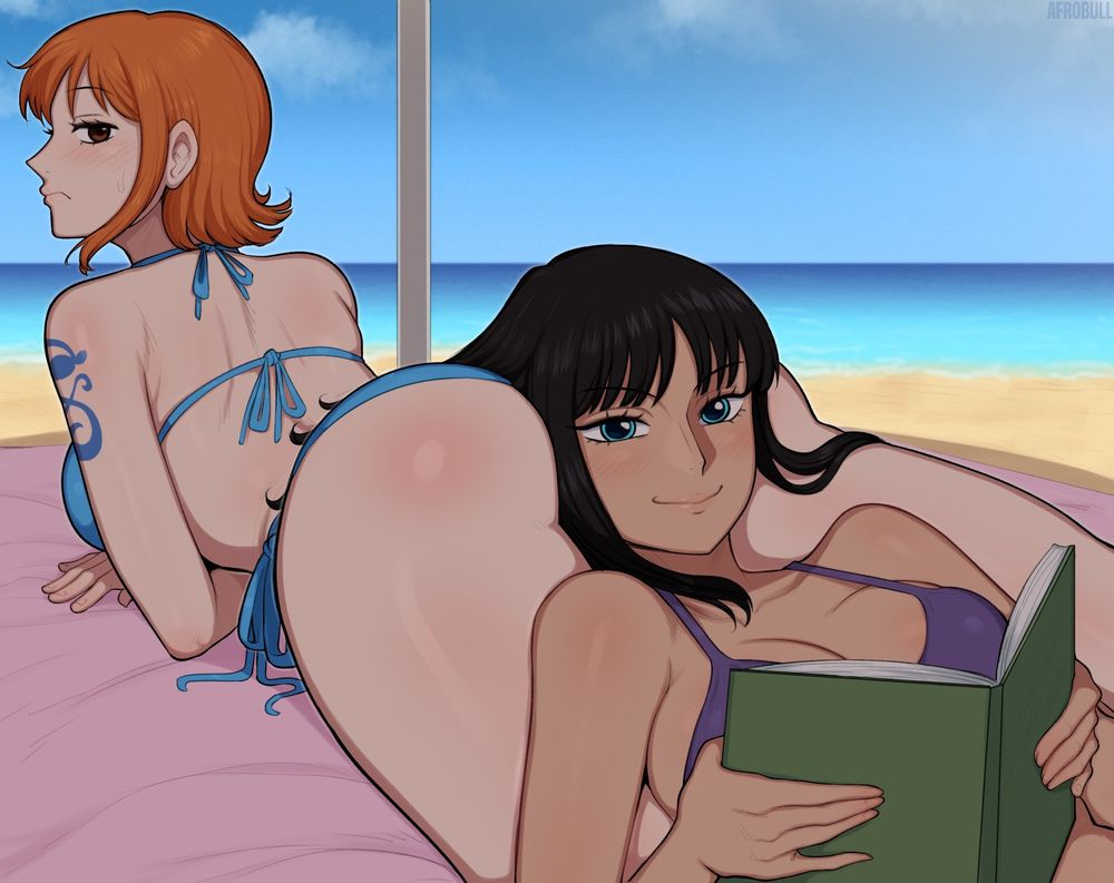 2girls afrosoricid beach beach_towel bikini black_hair blush book ginger laying_down nami nami_(one_piece) nico_robin no_penetration ocean one_piece reading reading_book sand smiling tattoo