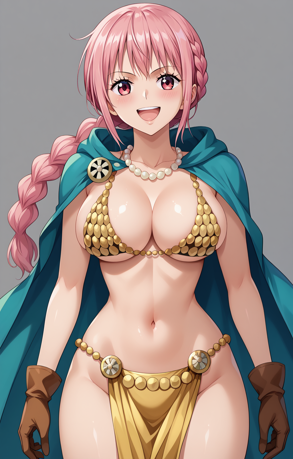 1girls ai_generated big_breasts bikini bikini_top blue_eyes braid braided_hair cleavage cloak collarbone female_focus female_only gloves gold_bikini green_cape large_breasts light-skinned_female light_skin loincloth necklace one_ai_art one_piece pearl_necklace pelvic_curtain rebecca_(one_piece) shonen_jump single_braid smile solo solo_female solo_focus