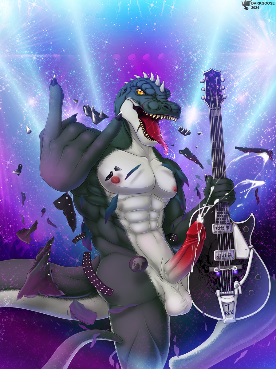 alternative_fashion anthro bodily_fluids cum darkgoose death_metal dinosaur dog_tags ejection full-body genital_fluids genitals hi_res male metal metalhead muscular music penis prehistoric_species reptile scalie show solo stage theropod tyrannosaurid tyrannosauroid tyrannosaurus tyrannosaurus_rex