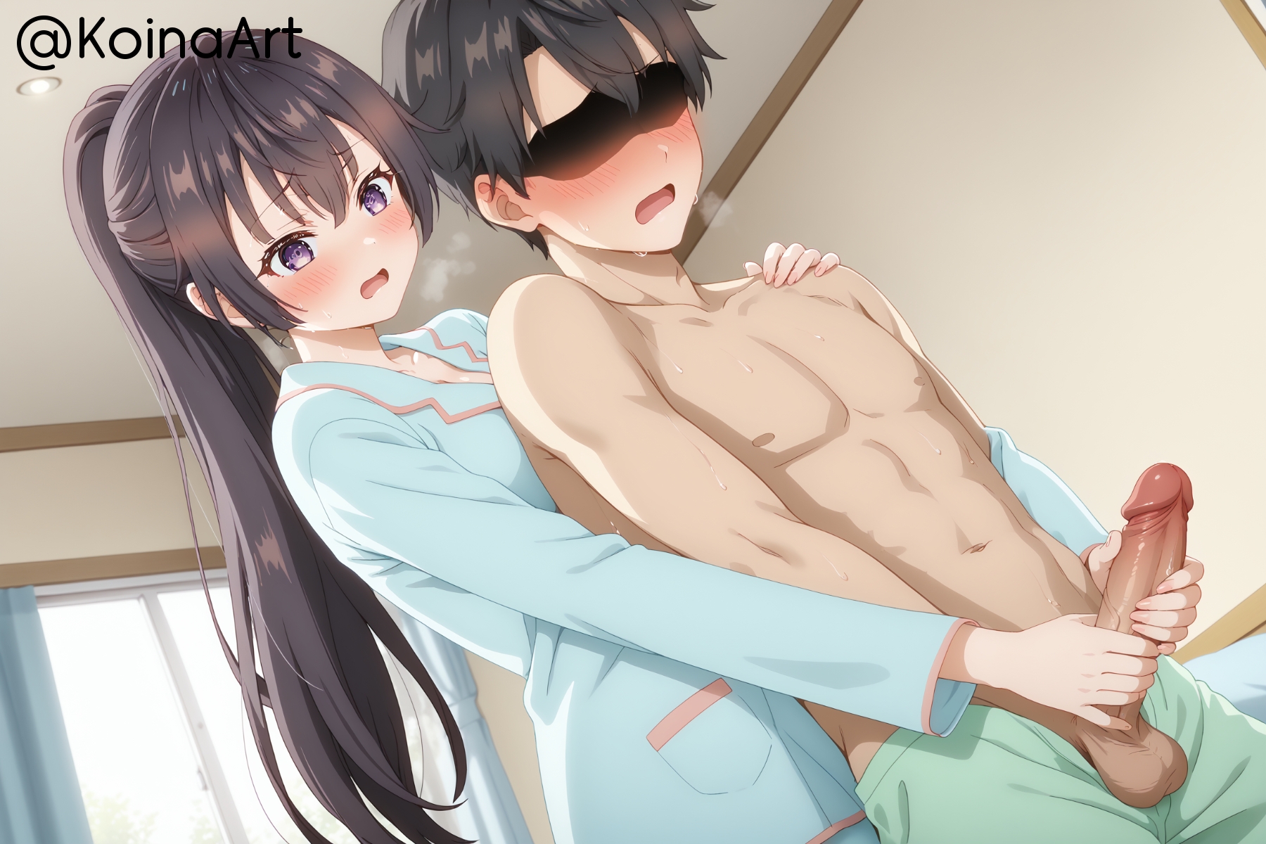 6 fingers, ai generated, ai hands, breast press, breasts, brown hair, cleavage, collarbone, female, femdom, handjob, koinaart, long sleeves, pajamas, purple eyes, reach around, stable diffusion, suou yuki, tokidoki bosotto russian de dereru tonari no alya-san, uncensored