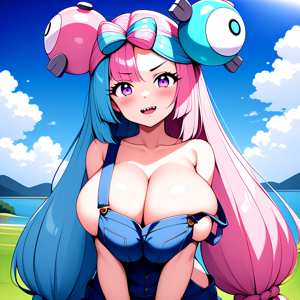 ai_generated alternate_body_type alternate_breast_size bare_shoulders big_breasts blue_hair breasts bursting_breasts cleavage collarbone creatures_(company) denim_clothing exposed_shoulders game_freak generation_1_pokemon gym_leader huge_breasts iono_(pokemon) large_breasts light-skinned_female light_skin long_hair magnemite magnemite_hairclips nintendo npc_trainer open_motuh overalls overalls_only overflowing_breasts pink_hair pokemon pokemon_(species) pokemon_sv purple_eyes sideboob smile smiling twintails two_tone_hair ulf_(artist)