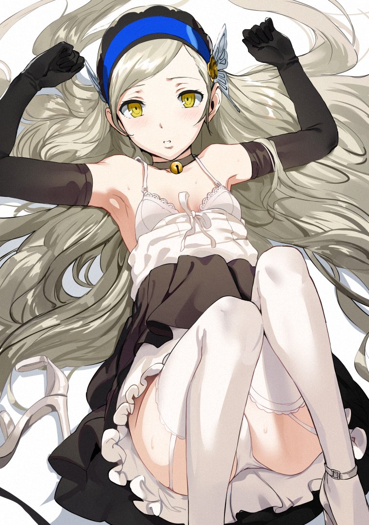 armpits ass_visible_through_thighs bare_shoulders bell black_gloves black_shirt blush breasts butterfly_hair_ornament choker collarbone dress elbow_gloves garter_belt garter_straps gloves grey_hair hair_ornament hair_spread_out hairband hews_hack jingle_bell knees_up lavenza long_hair lying neck_bell on_back open_mouth parted_lips persona persona_5 skirt small_breasts thighhighs thighs unworn_shoes white_dress white_thighhighs yellow_eyes