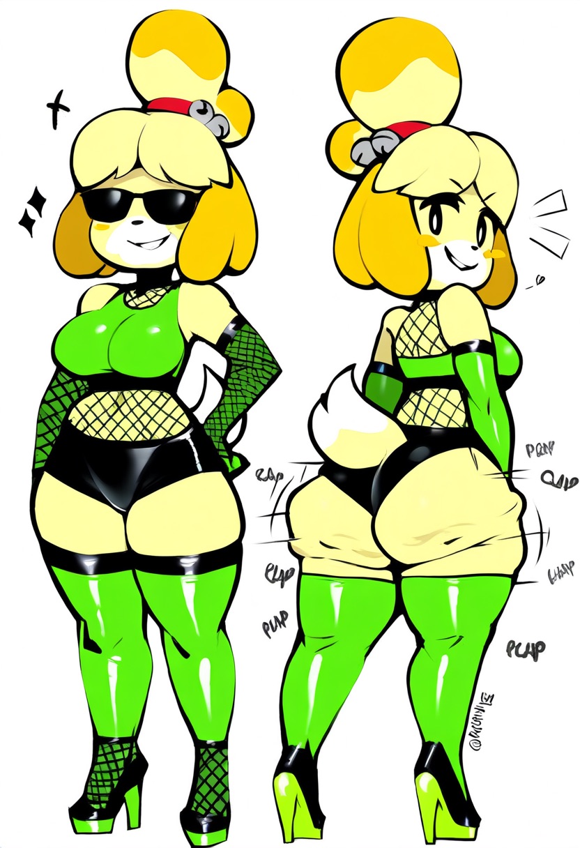 ai_generated animal_crossing anthro breasts cellulite female female_only fishnets fur furry high_heels isabelle_(animal_crossing) medium_breasts nintendo novelai shorts sunglasses that_guy9001 thick_thighs white_background wide_hips