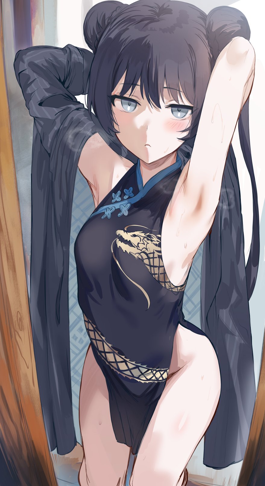 armpits arms_behind_head arms_up bare_legs bare_shoulders bare_thighs black_dress black_hair blue_archive blush breasts china_dress chinese_clothes double_bun grey_eyes hair_bun hews_hack jacket jacket_partially_removed kisaki_(blue_archive) long_hair no_panties parted_lips small_breasts sweat thighs