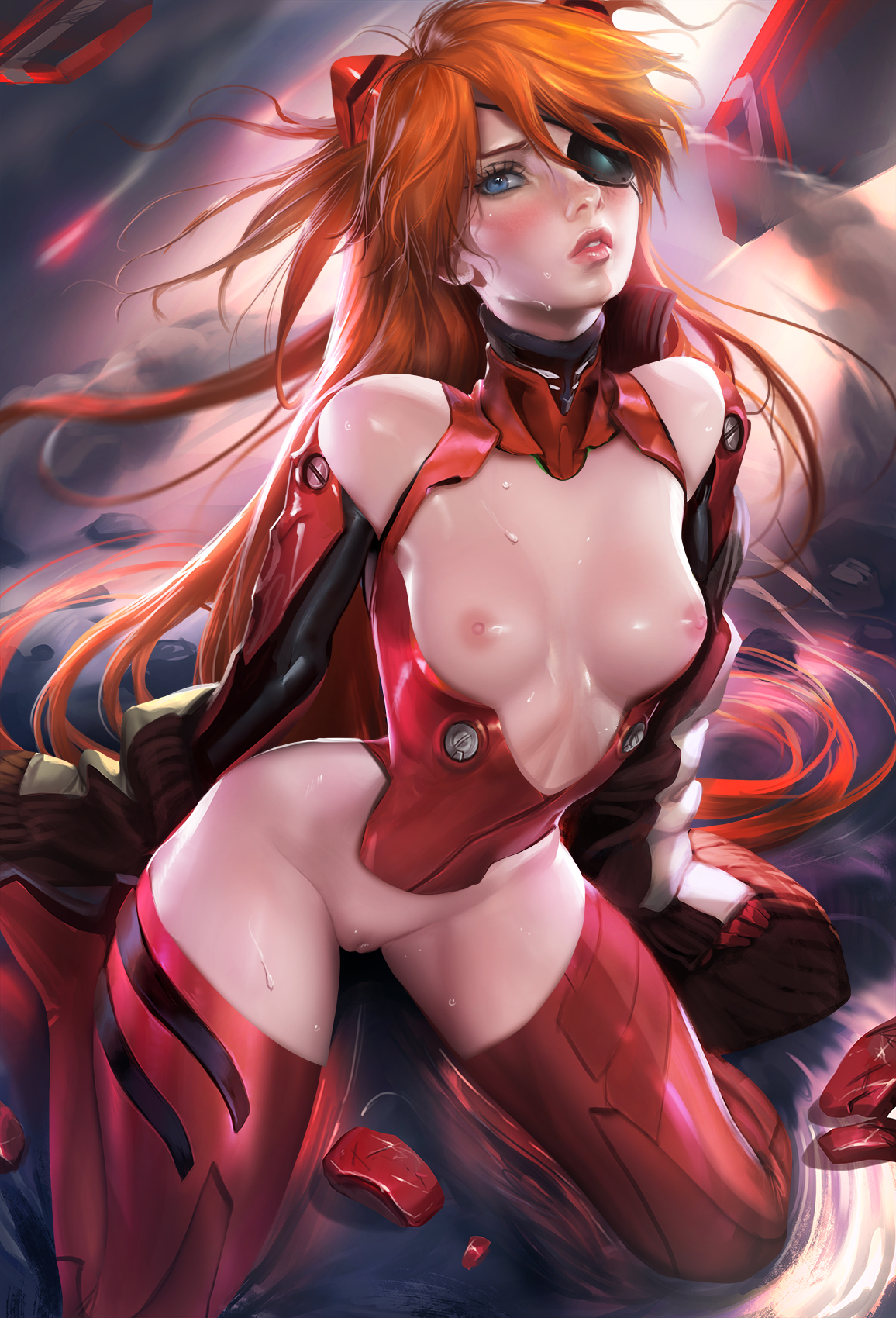 1girls, asuka langley sohryu, blue eyes, blush, bodysuit, breasts, clothing, eyepatch, female, female only, hair ornament, human, jacket, kneeling, light skin, light-skinned female, long hair, neon genesis evangelion, nipples, nude, orange hair, pilot suit, plugsuit, pussy, rebuild of evangelion, sakimichan, small breasts, solo, stockings, sweat, water