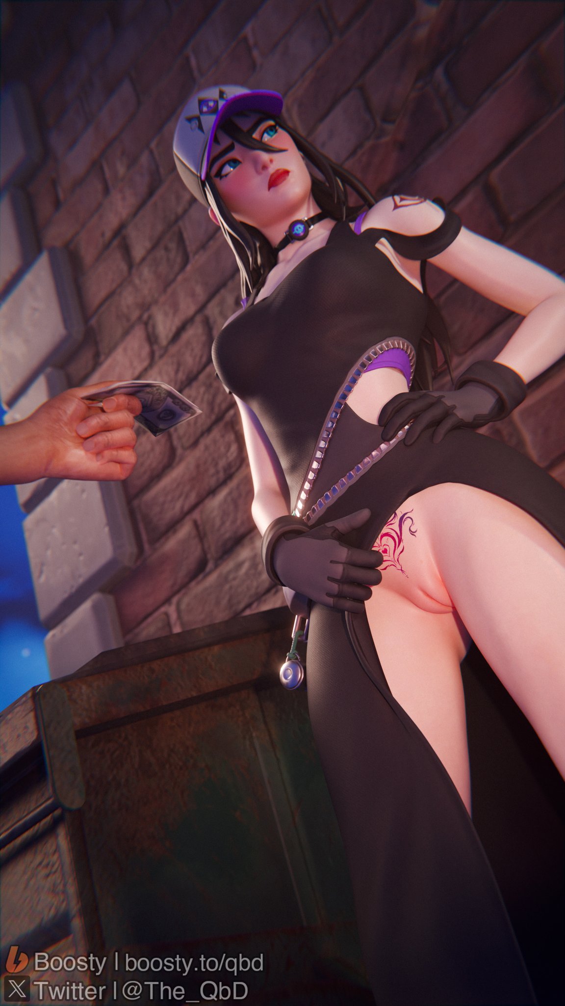 alternate_version_available blush choker clothed clothed_female clothing female_focus flashing flashing_pussy fortnite frown gloves hat looking_away mostly_clothed mostly_clothed_female offering_money presenting presenting_pussy pussy pussy_tattoo shiny shiny_clothes shiny_hair shiny_skin spirit_hunter_saeko_(fortnite) tattoo tattoos the_qbd