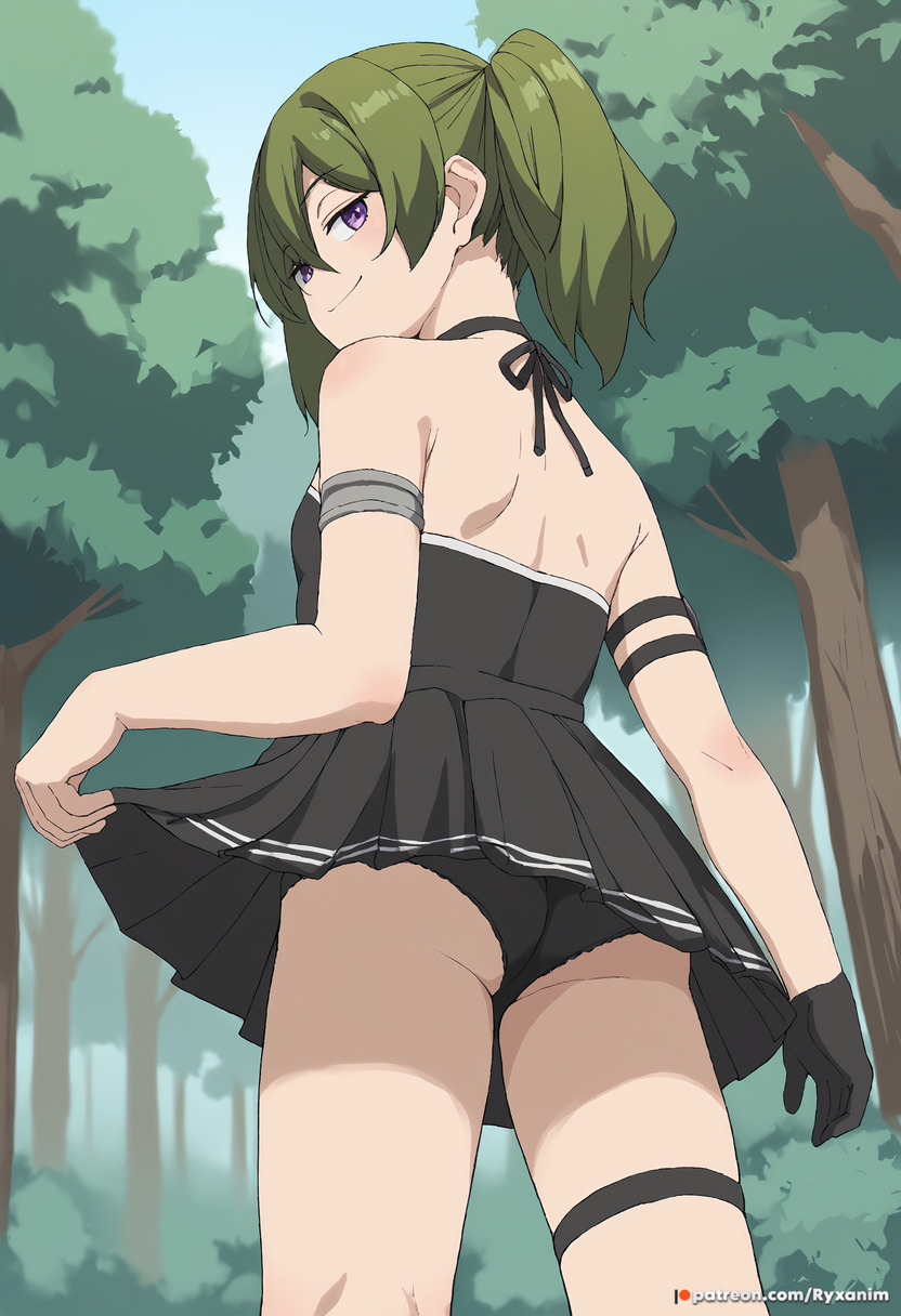 ass ass_focus bare_shoulders black_gloves black_panties black_skirt clothes_lift female forest gloves green_hair looking_at_viewer looking_back nature panties pleated_skirt purple_eyes skirt skirt_lift smirk solo underwear