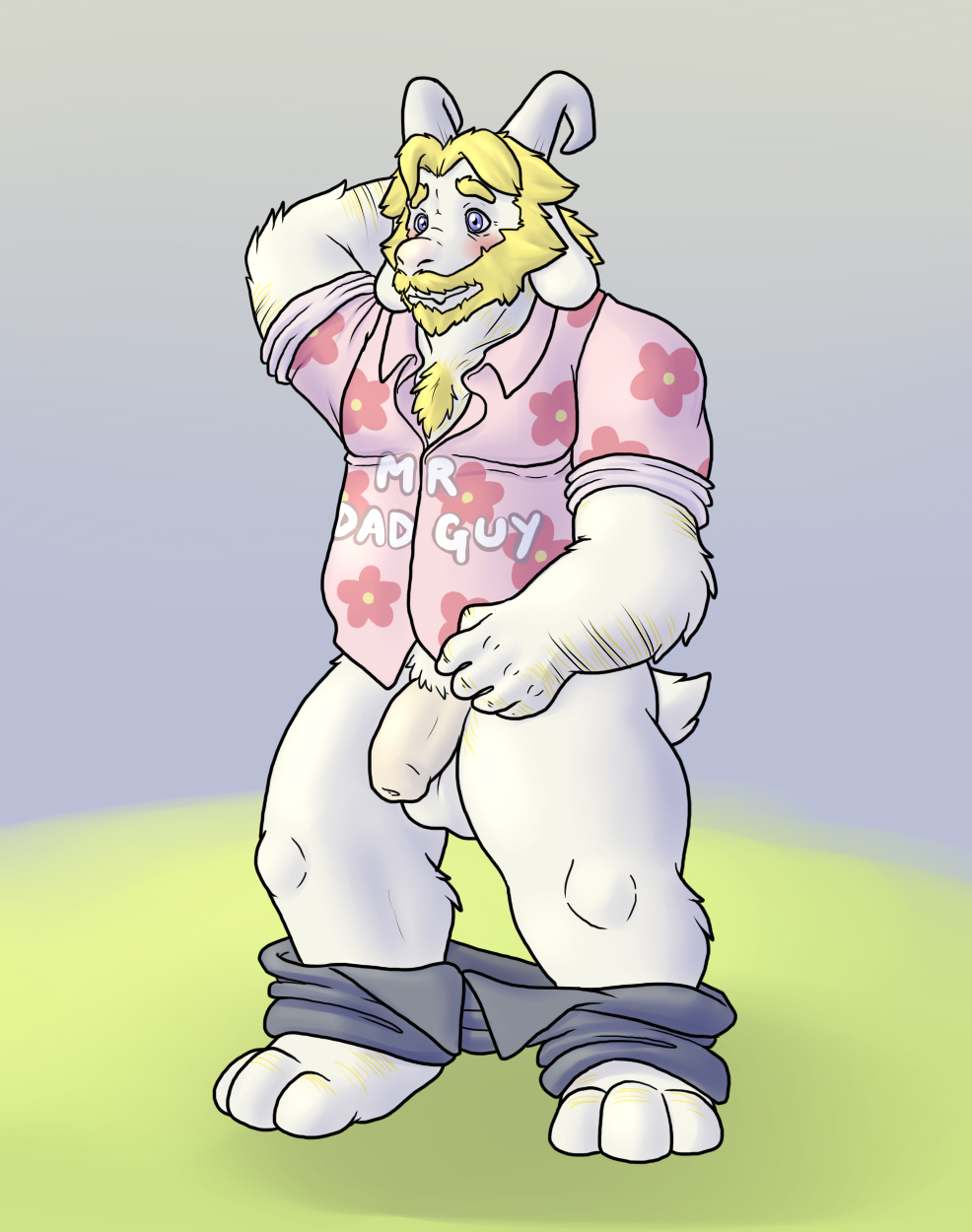 1boy anthro asgore_dreemurr balls barefoot blueballs_(artist) blush caprine clothing embarrassed english_text facial_hair flaccid front_view goat hand_behind_head hawaiian_shirt horn male male_only mammal musclegut pants pants_down penis solo standing text uncut undertale undertale_(series)