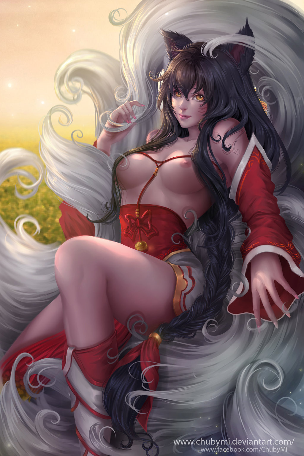 ahri animal_ears black_hair breasts chubymi facial_marks female fox_girl fur furry_tail humanoid large_breasts league_of_legends long_hair multiple_tails nipples sitting sleeves solo tail yellow_eyes