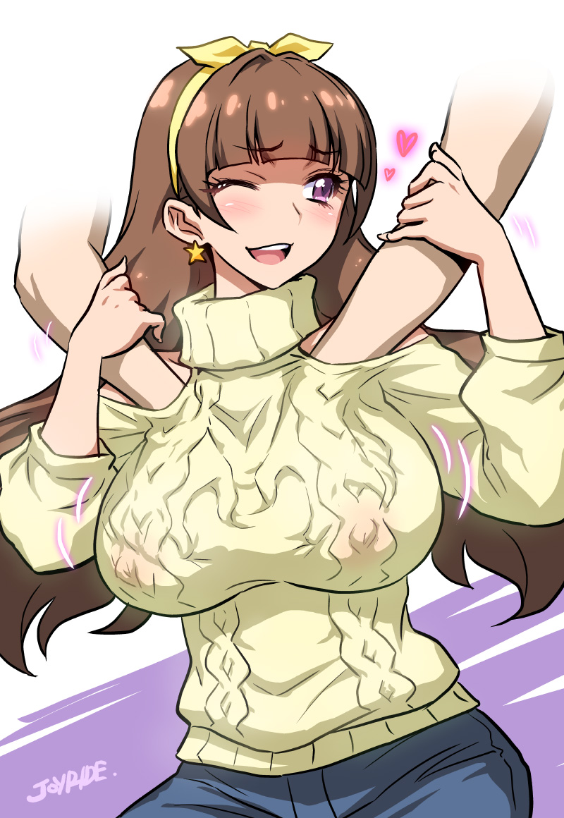 amanogawa kirara, blush, breast grab, breasts, brown hair, clothing, earrings, erect nipples, erect nipples under clothes, female, fully clothed, go! princess precure, groping, hairband, joy ride, large breasts, long hair, nipples, open mouth, precure, pretty cure, sweater, turtleneck, wink
