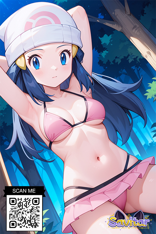 ai_generated armpits arms_behind_head arms_up bangs bare_shoulders beanie bikini bikini_skirt blue_eyes blue_hair blush breasts closed_mouth clothing cloud dawn_(pokemon) day female female_only forest hair_ornament hairclip hat headwear large_breasts littlehentai long_hair looking_at_viewer medium_breasts nature navel night outdoors pink_bikini pink_skirt pink_swimsuit poke_ball_print pokemon pokemon_(game) pokemon_character pokemon_diamond_pearl_&_platinum protagonist_(pokemon) savitar savitar_(artist) skindentation skirt sky smile solo standing stomach swimsuit thighs tree underboob very_long_hair white_headwear