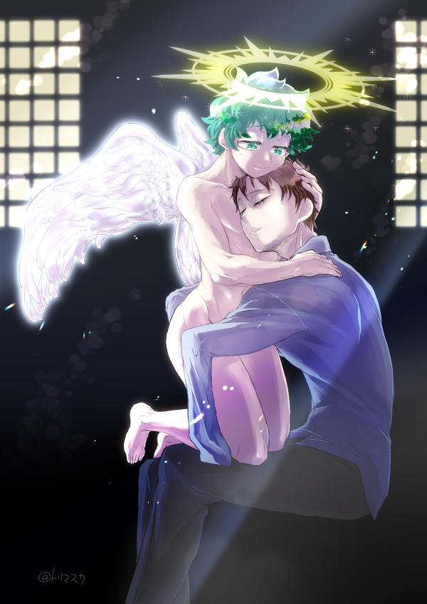 2boys angel_halo angel_wings chisaki_kai femboy green_eyes green_hair halo hand_on_head head_on_chest hugging izuku_midoriya kai_chisaki male male/male male_focus midoriya_izuku my_hero_academia nude nude_male overhaul twink white_wings wings yaoi young younger_male