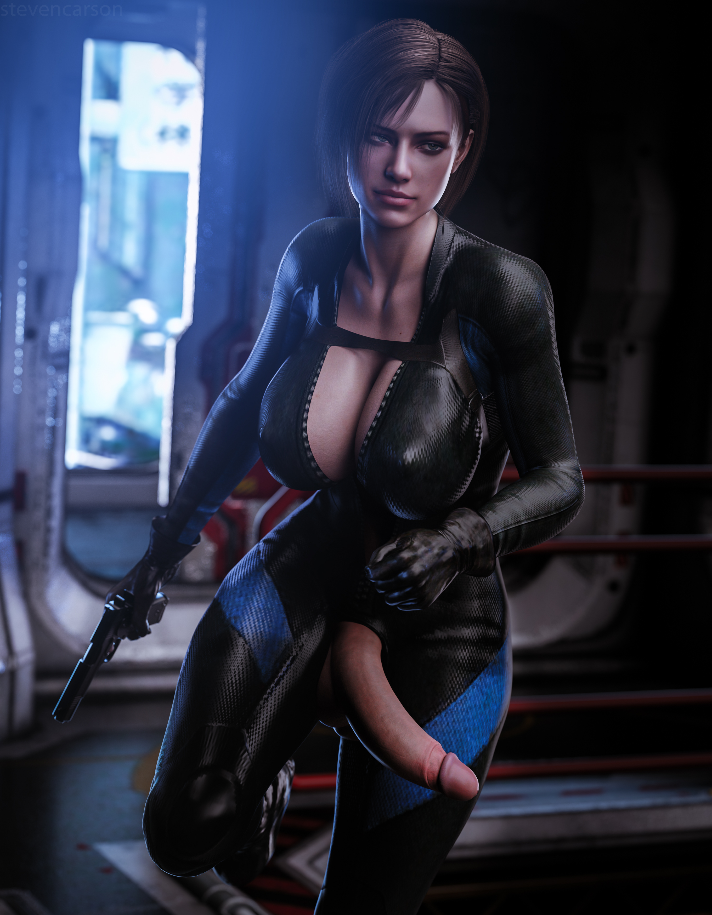 1futa, 3d, absurdres, balls, breasts, casual, casual boner, casual exposure, casual nudity, cleavage, crotchless, curvy, erect nipples, erection, female, firearm, futa only, futanari, handgun, highres, huge breasts, huge penis, intersex, jill valentine, jill valentine (julia voth), light skin, light-skinned female, nipple bulge, nipples, no panties, penis, penis out, realistic, resident evil, resident evil 3, resident evil remake, running, solo, solo futa, stevencarson, thick thighs, weapon, wide hips