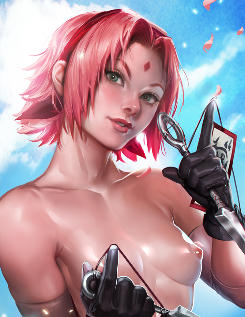 blue_eyes breasts female female_only gloves hairband human jewel kunai naruto naruto_shippuden nipples nude outdoor pink_hair sakimichan sakura_haruno short_hair small_breasts solo weapon