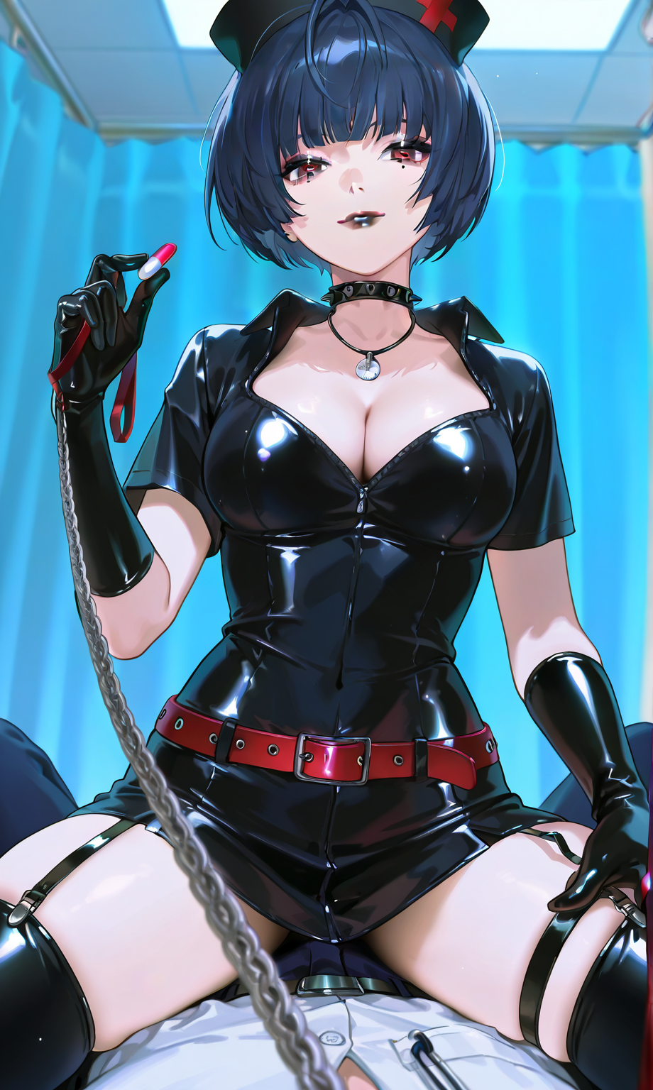 1boy 1woman ai_generated atlus belt black_latex black_latex_armwear black_latex_garter_straps black_latex_gloves black_latex_legwear black_latex_thighhighs black_lips black_lipstick blunt_bangs bob_cut brown_eyes choker cleavage clinic collared_dress curtains dark_blue_hair dark_brown_eyes doctor's_office dominant dominant_female eyeliner femdom garter_straps gloves hand_on_thigh holding_leash holding_object holding_pill japanese_female latex latex_armwear latex_clothing latex_gloves latex_legwear latex_nurse latex_thighhighs leash leashed_male leashed_pov light-skinned_female light_skin looking_at_viewer looking_down_at_viewer low-angle_view low_angle low_cut_dress megami_tensei navel navel_visible_through_clothes navy_blue_hair necklace nurse nurse_cap nurse_clothing nurse_hat nurse_headwear nurse_outfit nurse_uniform persona persona_5 persona_5_royal pov pov_eye_contact pov_male sega shin_megami_tensei shiny_breasts shiny_clothes shiny_hair shiny_skin short_dress short_hair short_sleeves skindentation smirk smirking smirking_at_viewer spiked_choker straddling straddling_lap tae_takemi thighhighs viewer_on_leash