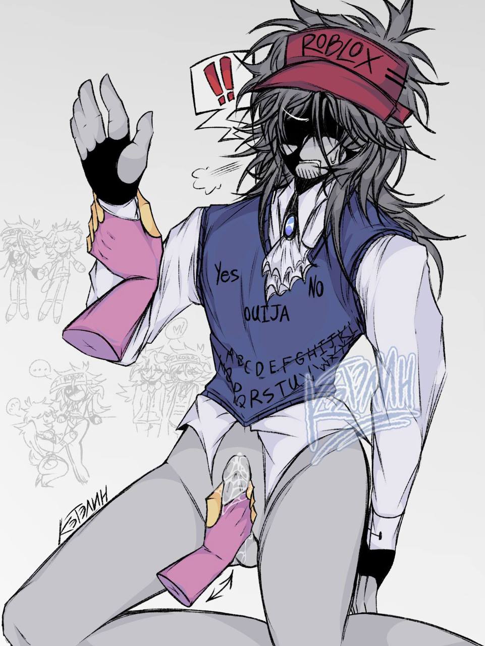 andrew (bad things), bad things, bad things (roblox), cum, doodle sensei (blue archive), grey background, grey skin, hands on penis, ivan (bad things), jerkingoff, male, male only, nervous, penis, precum, tagme, tagme (artist), toned body, wrist grab