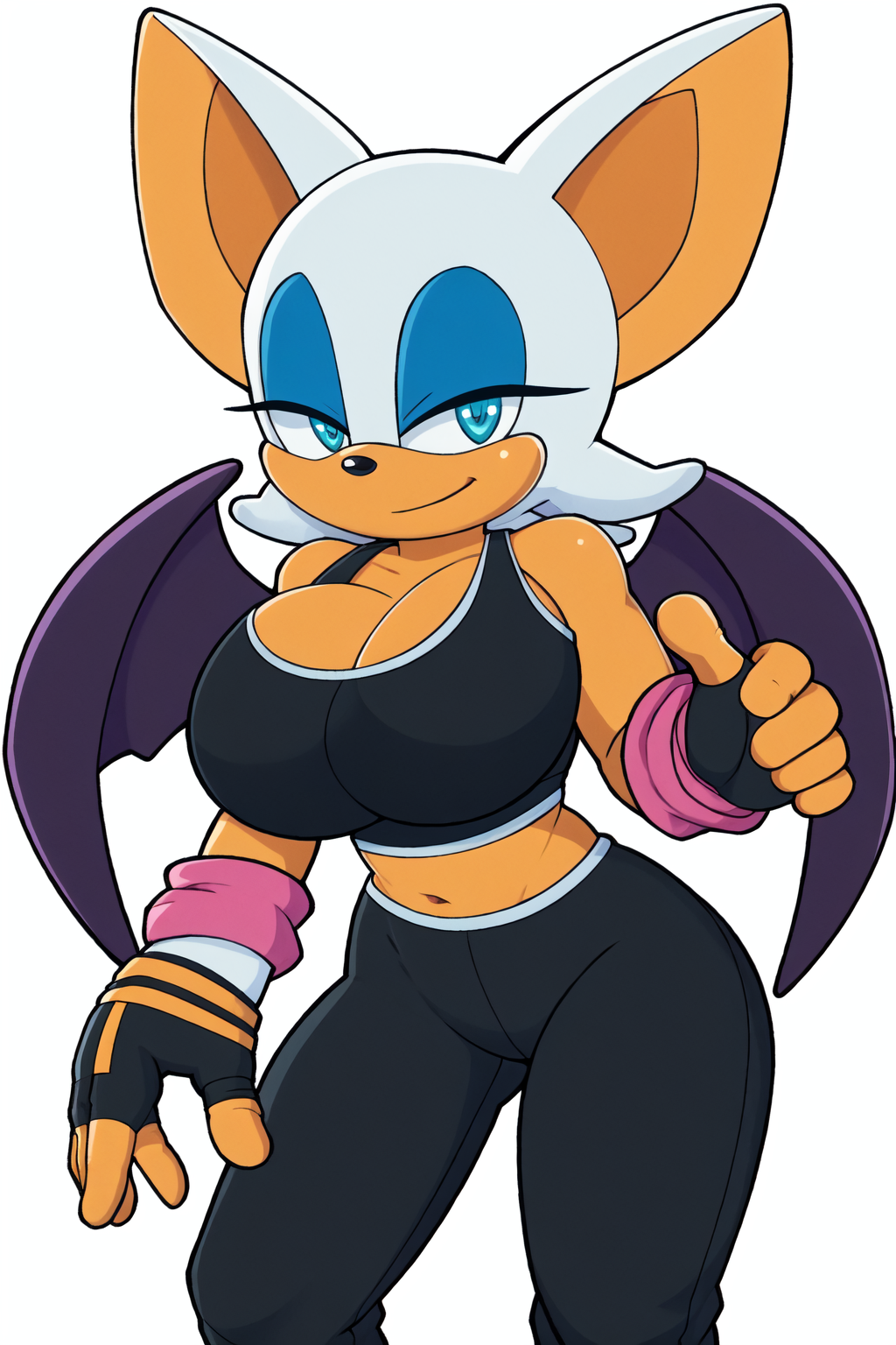 1girls ai_generated bat_wings big_breasts blue_eyes breasts bursting_breasts busty cleavage fingerless_gloves half-closed_eyes hi_res large_breasts legs looking_at_viewer midriff navel pants rouge_the_bat seductive seductive_look seductive_smile sega smile sonic_(series) sonic_riders tank_top thighs thumbs_up voluptuous