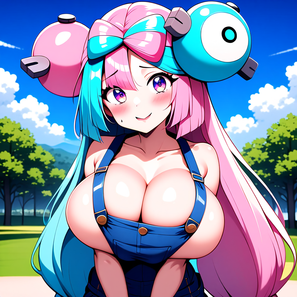 ai_generated alternate_body_type alternate_breast_size bare_shoulders big_breasts blue_hair breasts bursting_breasts cleavage collarbone creatures_(company) denim_clothing exposed_shoulders game_freak generation_1_pokemon gym_leader huge_breasts iono_(pokemon) large_breasts light-skinned_female light_skin long_hair magnemite magnemite_hairclips nintendo npc_trainer overalls overalls_only overflowing_breasts pink_hair pokemon pokemon_(species) pokemon_sv purple_eyes smile smiling twintails two_tone_hair ulf_(artist)