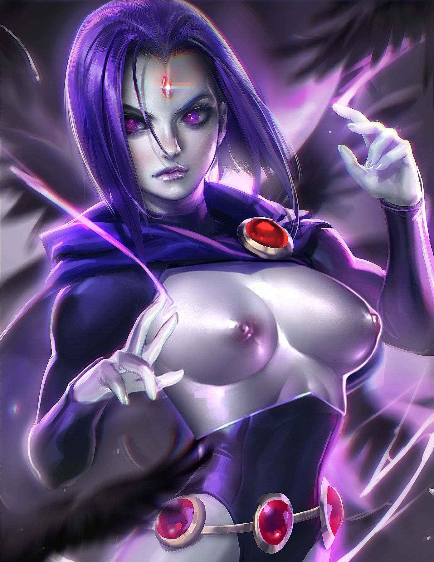 1girls, areola, breasts, cape, corset, dc, dc comics, female, female only, goth, grey skin, highres, medium breasts, nipples, purple eyes, purple hair, rachel roth, raven (dc), sakimichan, short hair, smooth skin, solo, teen titans