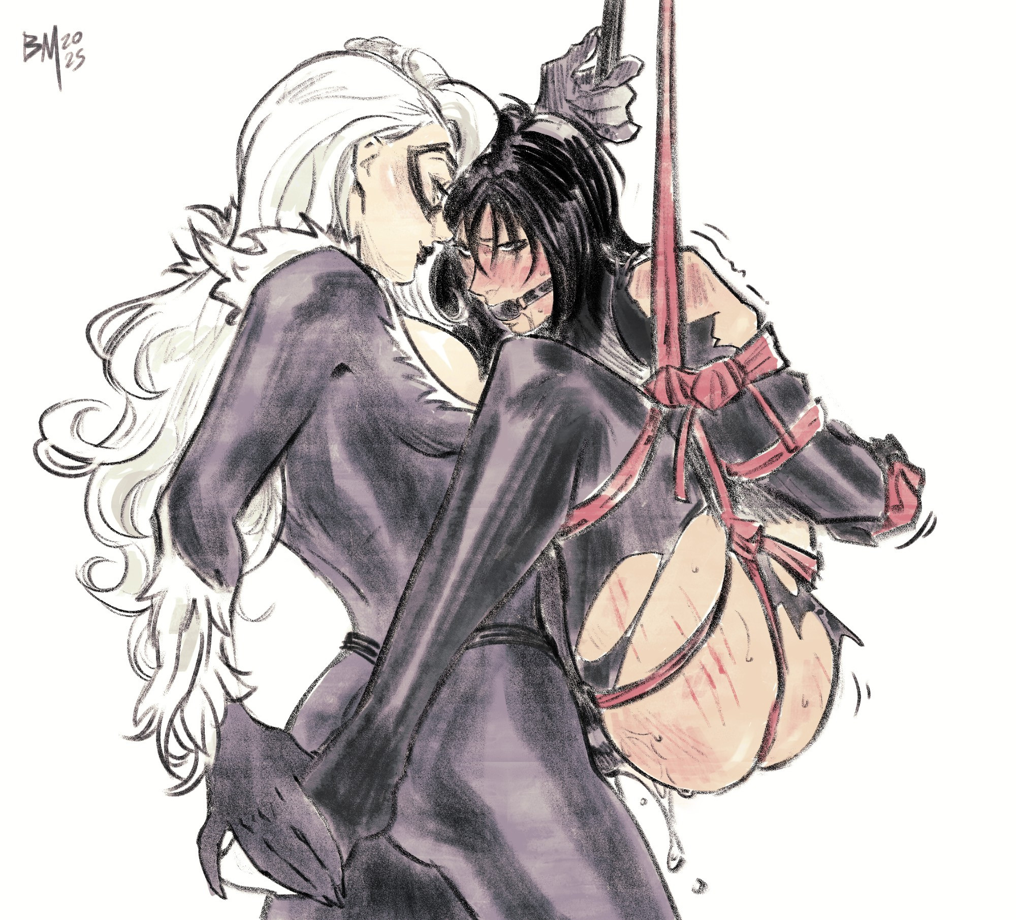 2026, 2girls, asian female, ball gag, ball gagged, beckymastery (artist), black ball gag, black cat (marvel), black gag, black lipstick, blush, bodysuit, bondage, bound, bound and gagged, cindy moon, color, colored, defeated, defeated heroine, defeated superheroine, felicia hardy, female, femdom, femsub, flushed, gag, gagged, gagged drooling, gagged female, hands behind back, hands tied, hands tied behind back, knees up, lesbian sex, marvel, marvel comics, pinup, quiver, quivering, ripped clothing, ripped pants, seductive, seductive look, seductive pose, silk (marvel), skin tight, spider-man (series), squirting, strap-on, strap-on in pussy, strap-on sex, strapon, superheroine, suspended, suspended and gagged, suspended bondage, suspension, suspension bondage, tied up, tight clothes, tight clothing, torn bodysuit, torn clothes, voluptuous, voluptuous female, white background, yuri