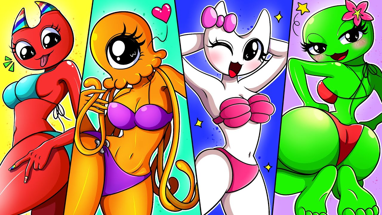 4girls banbaleena banban_(garten_of_banban) bikini blue_bikini female_only garten_of_banban green_body happy happy_female heart_symbol jumbo_josh maid_uniform no_sex orange_body pink_bikini pink_bow purple_bikini red_bikini red_body rule_63 slime_cat stinger_flynn tagme unofficial white_body