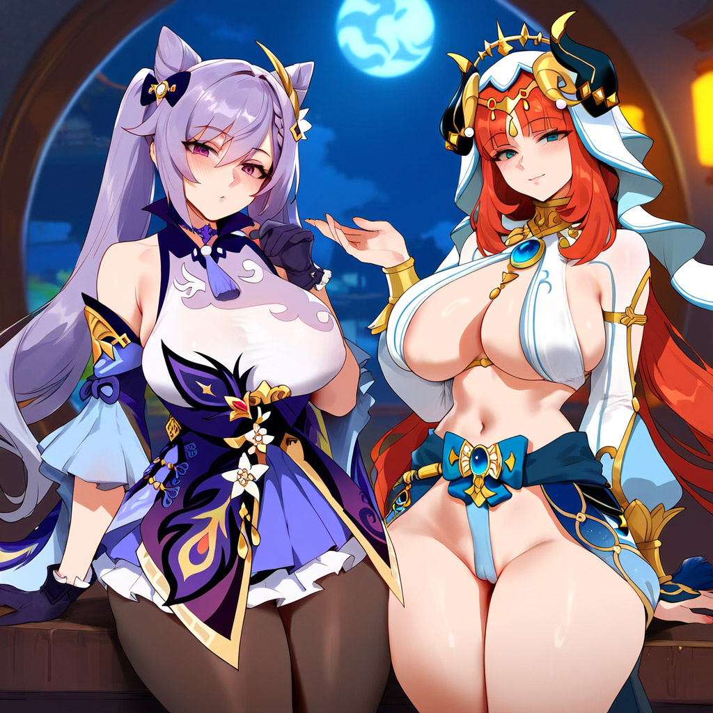 2girls ai_generated genshin_impact huge_breasts keqing_(genshin_impact) nilou_(genshin_impact) revealing_clothes smile symmetrical_docking thick_thighs