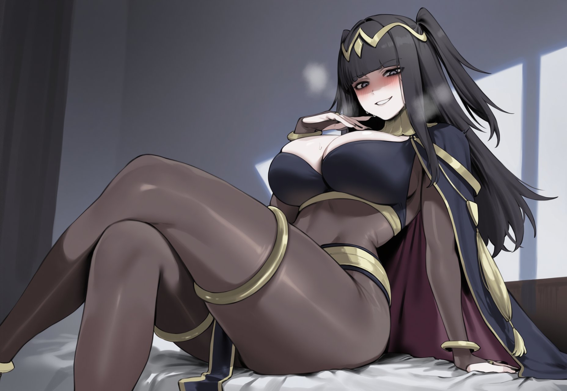 1girls, ai generated, bangs, black eyes, black hair, blush, bracelet, breasts, bridal gauntlets, cape, cleavage, covered navel, female, fire emblem, fire emblem awakening, jewelry, large breasts, long hair, looking at viewer, smile, solo, tharja (fire emblem), truck kun, truck-kun art, two side up