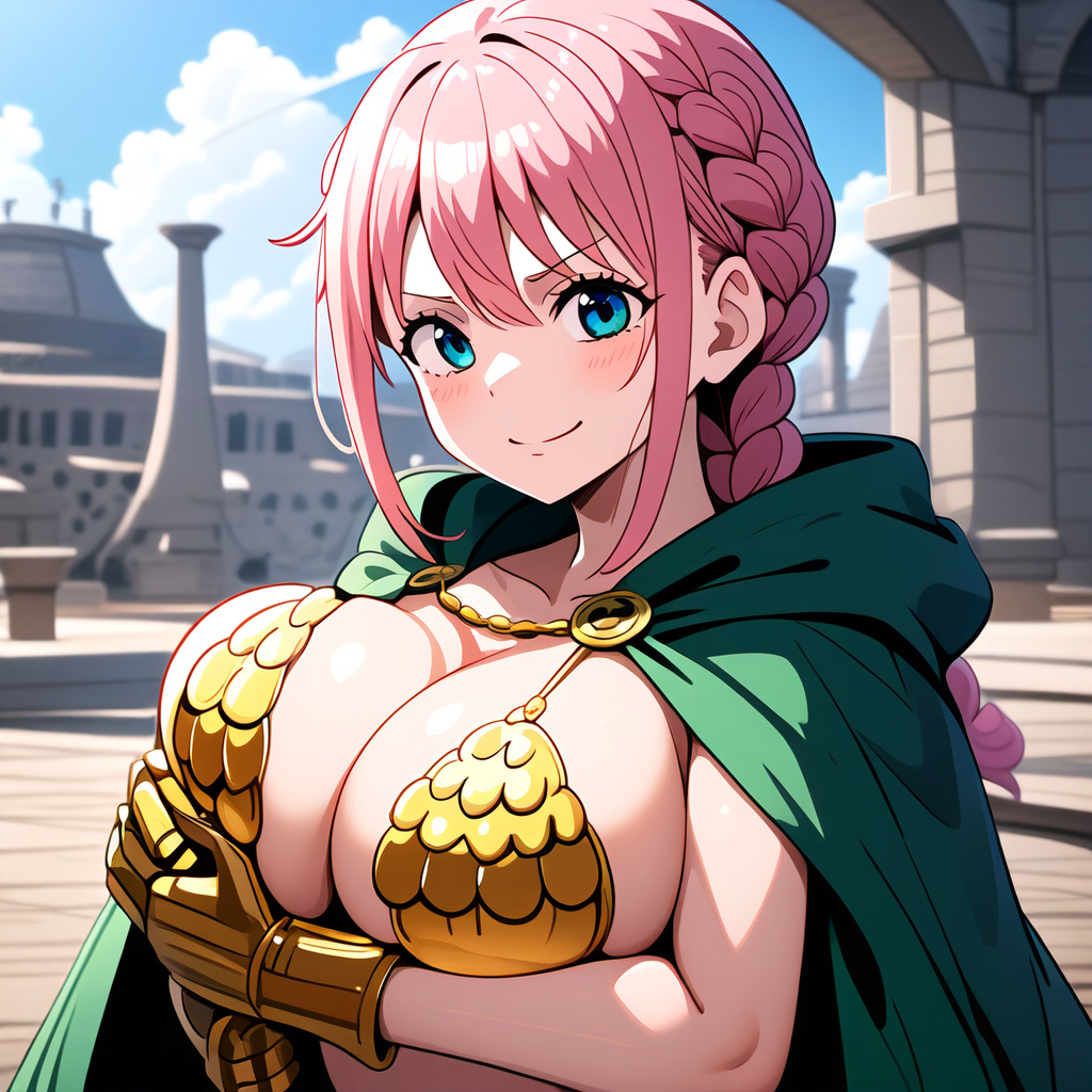 1girls ai_generated big_breasts bikini bikini_top blue_eyes braid braided_hair cleavage collarbone female_focus female_only gold_bikini green_cape huge_breasts large_breasts light-skinned_female light_skin one_piece rebecca_(one_piece) single_braid smile ulf_(artist)