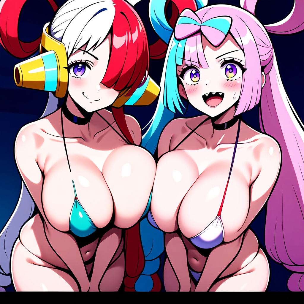 2girls ai_generated alternate_body_type alternate_breast_size artist_(wolf) bare_shoulders big_breasts bikini_bottom bikini_top blue_hair breasts cleavage collarbone creatures_(company) duo exposed_shoulders female female_focus female_only game_freak generation_1_pokemon huge_breasts iono_(pokemon) large_breasts magnemite magnemite_hairclips nintendo npc_trainer one_piece open_mouth pink_hair pokemon pokemon_sv red_eyes red_hair sharp_teeth sideboob skimpy skimpy_clothes twintails two_tone_hair underboob uta_(one_piece) white_hair