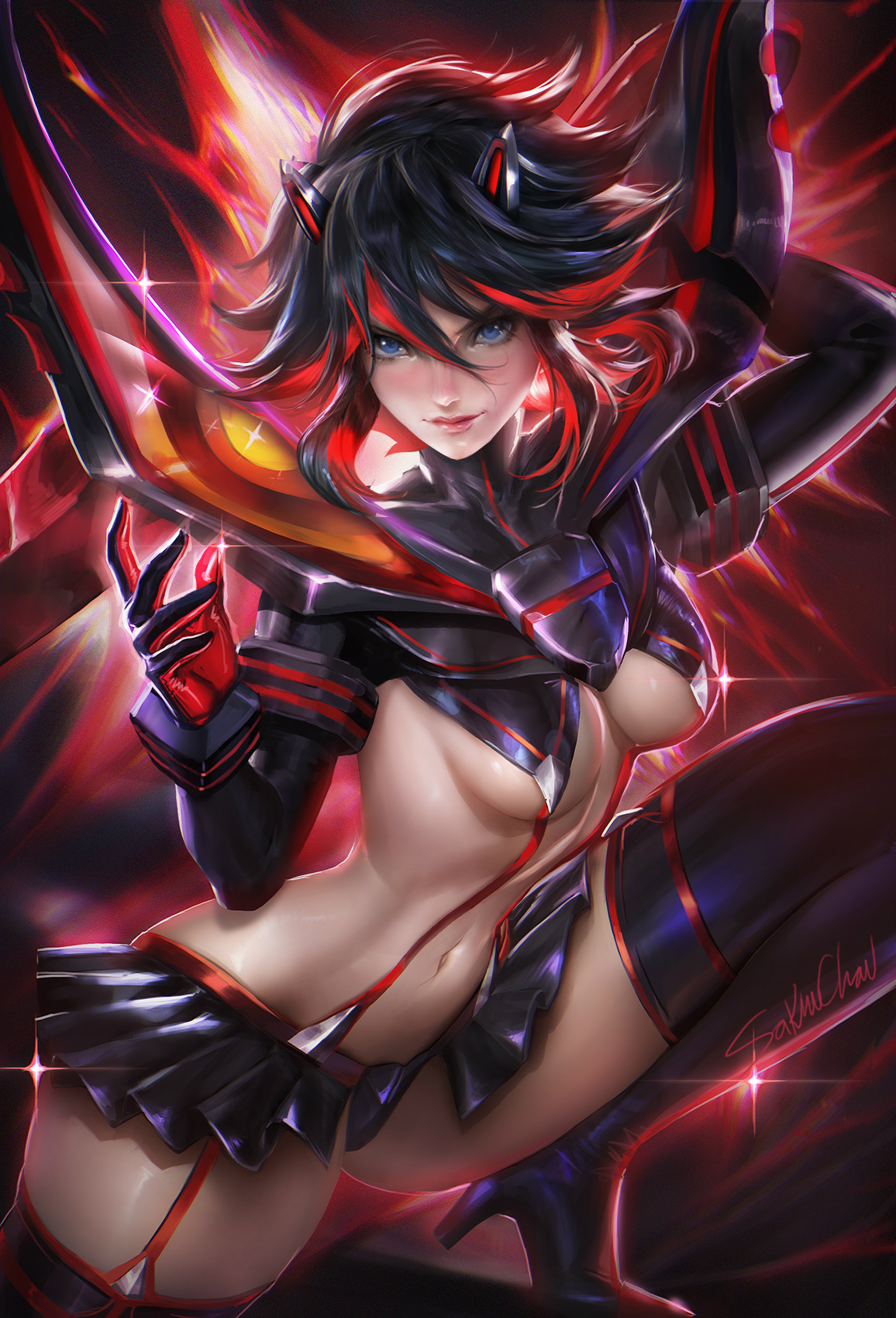black hair, blue eyes, boots, breasts, cleavage, female, gloves, highlights, kill la kill, matoi ryuuko, panties, sakimichan, senketsu, short hair, smile, solo, suspenders, thigh boots, underboob