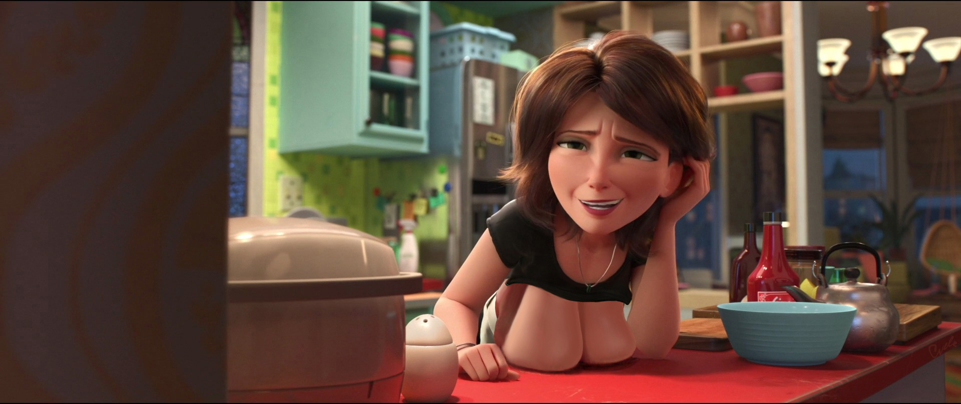 1girls, 3d, accurate art style, big hero 6, breasts, brown hair, cass hamada, cvele (artist), disney, edit, female, female only, kitchen, large breasts, marvel, marvel comics, milf, short hair, smile, solo, squished breasts