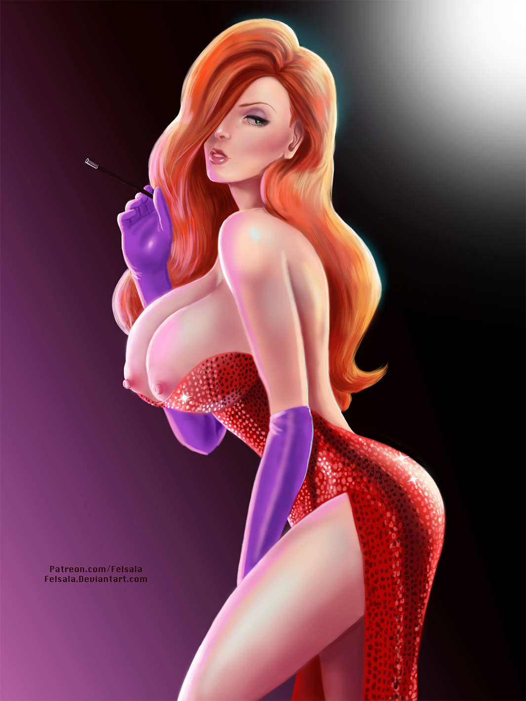 breasts, disney, dress, elbow gloves, felsala, female, gloves, hair over one eye, jessica rabbit, large breasts, long hair, nipples, orange hair, solo, standing, who framed roger rabbit