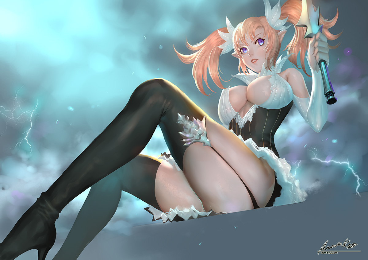 ariverkao, blue eyes, boots, breasts, cleavage, dress, elf, female, garter straps, holding weapon, large breasts, pointy ears, sitting, solo, thigh boots, tied hair, twintails, weapon