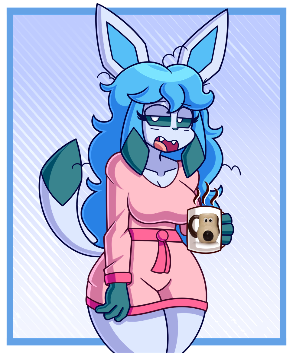 2024 aardman_animations annyglaceon_(mintyspirit) anthro bedroom_eyes beverage big_breasts blue_body blue_fur blue_hair blue_sclera breasts clothing coffee coffee_mug container cup eeveelution fan_character fangs female fur generation_4_pokemon glaceon gromit_(wallace_and_gromit) gromit_mug gromit_the_dog hair long_hair looking_at_viewer messy_hair mintyspirit mug narrowed_eyes nintendo open_mouth pajamas pink_clothing pink_pajamas pokemon pokemon_(species) solo teeth thick_thighs tired tired_expression tired_eyes tired_look tongue wallace_and_gromit white_eyes wide_hips