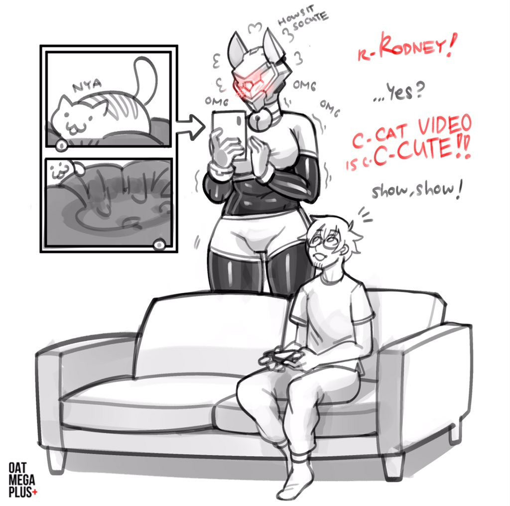 blush blushing_female controller couch dialogue erika_summers_(oatmegaplus) exposed_belly feline female larger_female male male/female oatmegaplus original original_art original_artwork robot robot_girl sitting_on_couch smaller_male