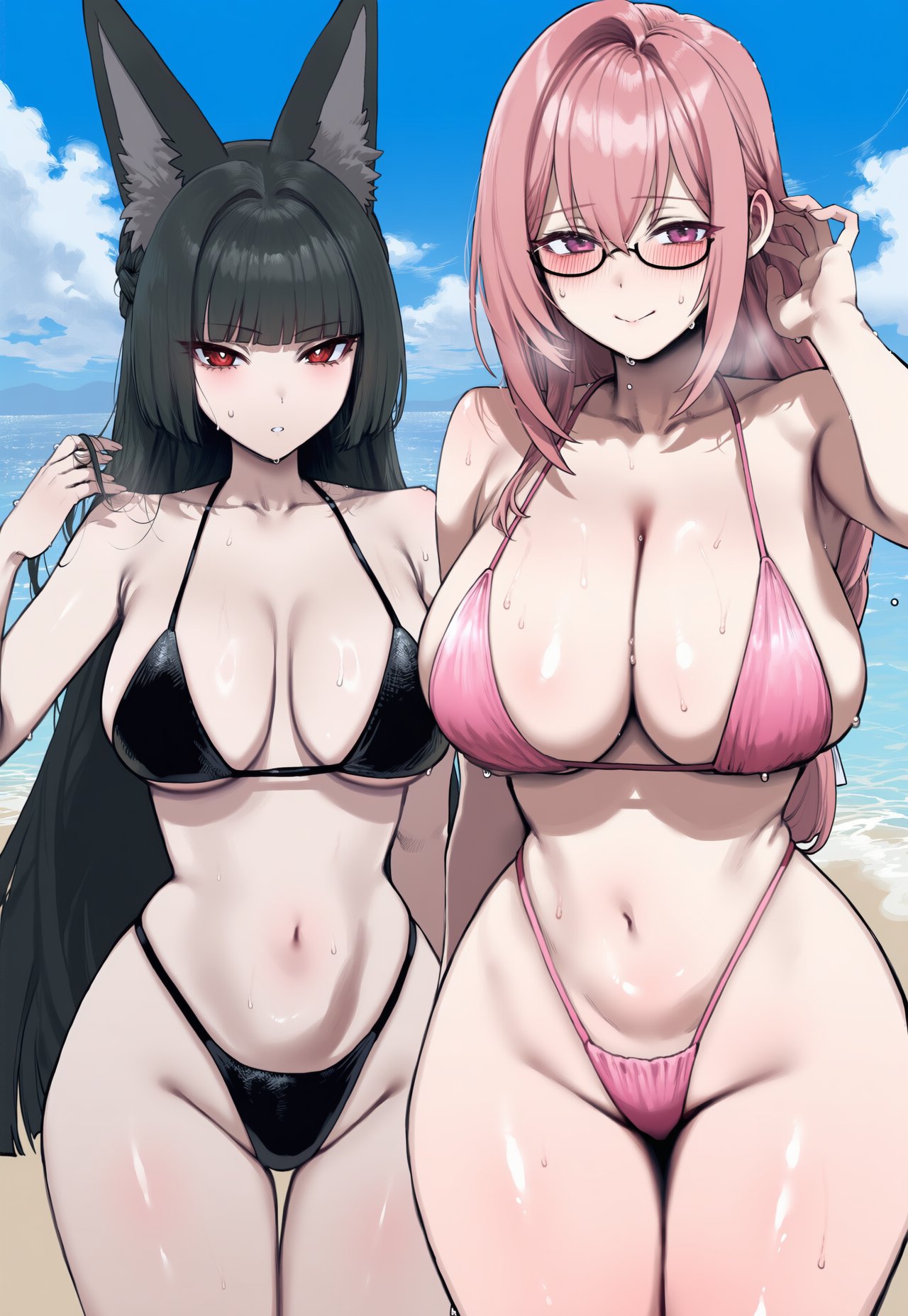 2girls, ai generated, animal ears, bangs, beach, bikini, black bikini, black hair, blue sky, blunt bangs, breasts, cleavage, cloud, day, eyebrows visible through hair, female, glasses, highleg, highleg bikini, hoshimi miyabi, large breasts, long hair, looking at viewer, multi-strapped bikini, multiple females, multiple girls, navel, outdoors, pink bikini, pink hair, red eyes, skindentation, sky, smile, string bikini, swimsuit, thigh gap, truck kun, truck-kun art, tsukishiro yanagi, zenless zone zero