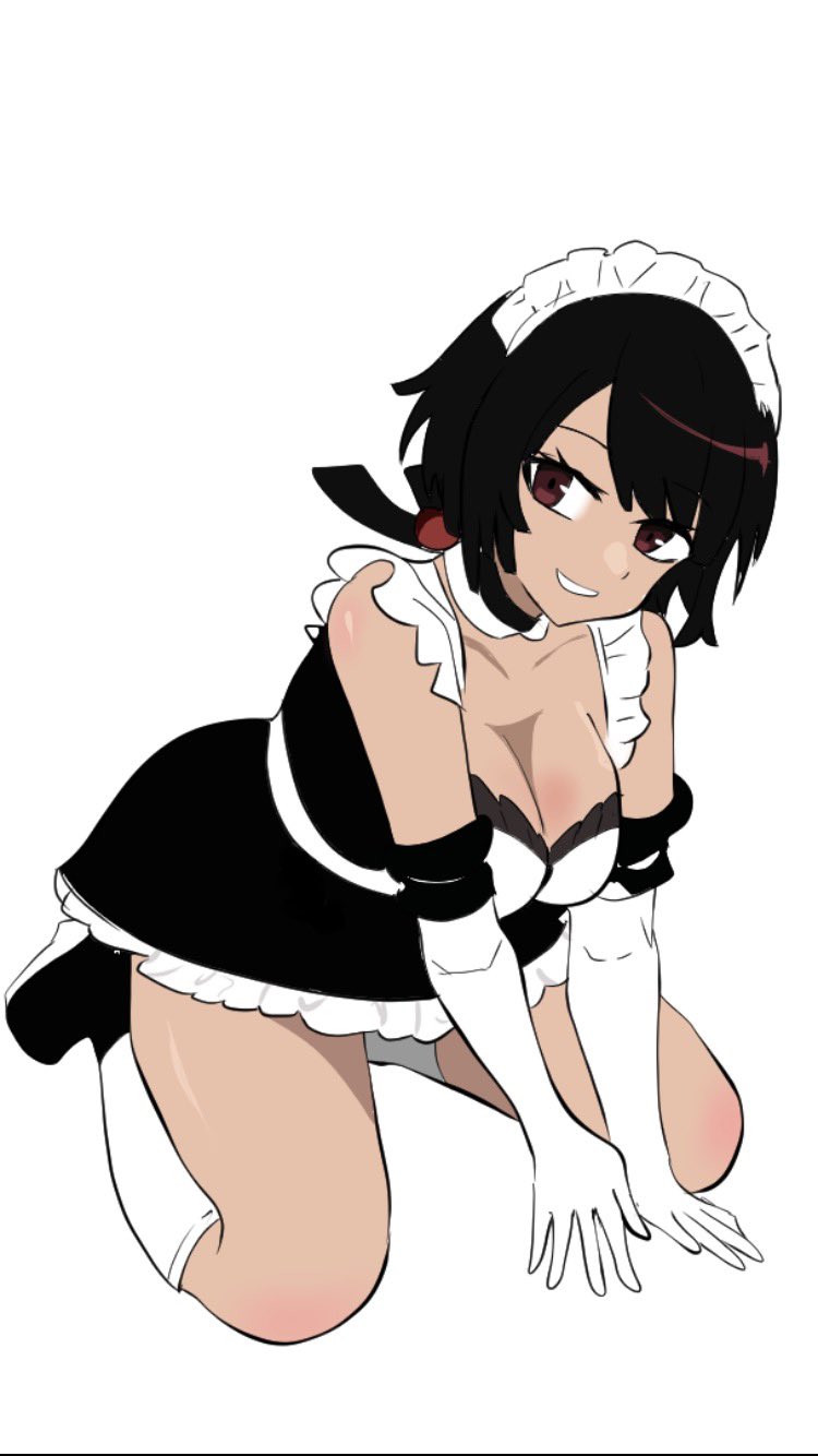 1girls black_hair brown_hair cleavage game_freak kneeling maid maid_headdress maid_uniform mukuhookusuki on_hands_and_knees pokemon pokemon_oras solo solo_female zinnia_(pokemon)