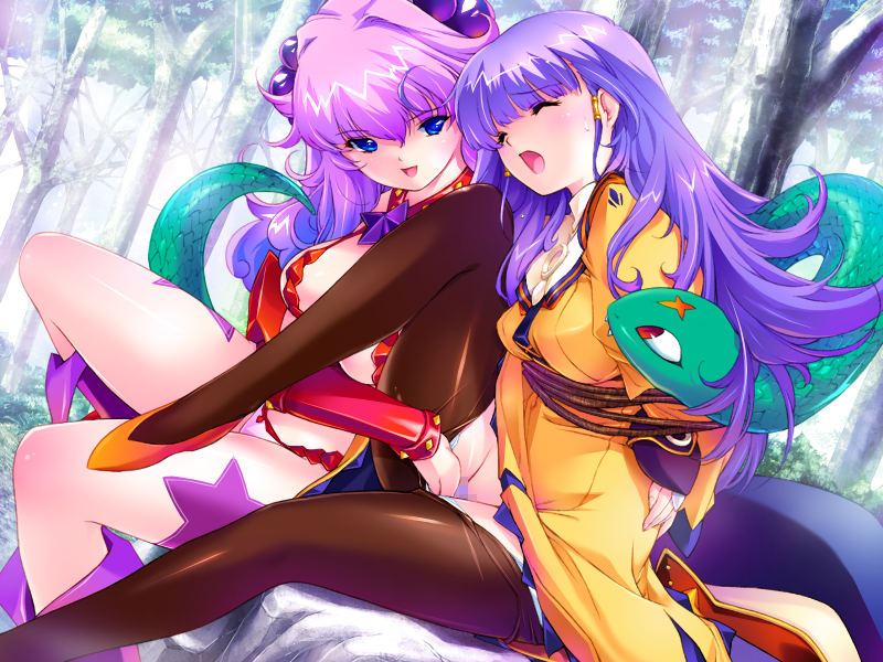 2girls blue_eyes bondage breasts brown_thighhighs closed_eyes dress erina_batch fingering galzoo_island game_cg hebi-san large_breasts long_hair medium_breasts min-naraken multiple_girls oerba_yun_fang open_mouth outdoors purple_hair smile snake thighhighs tree yellow_dress yuri