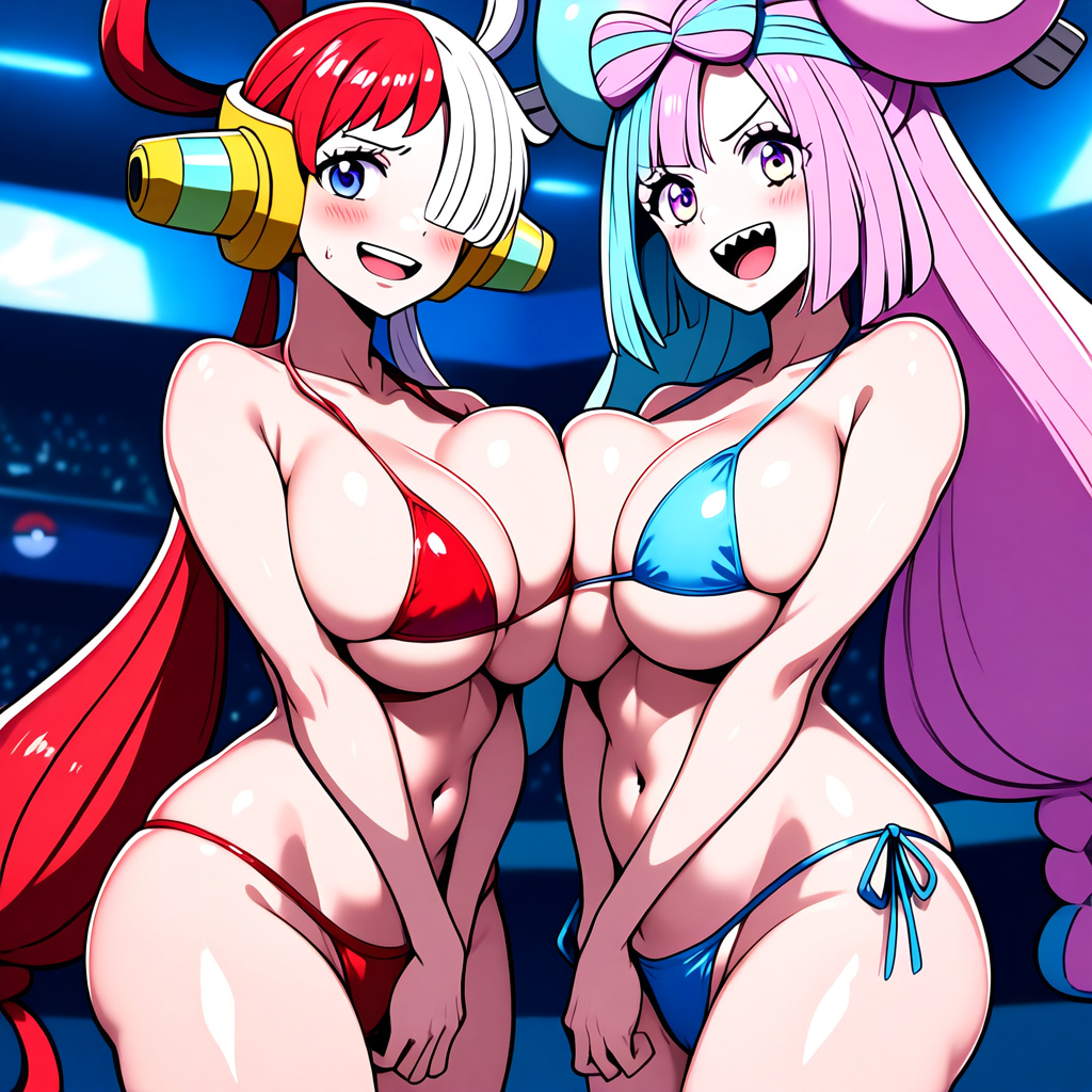 2girls ai_generated alternate_body_type alternate_breast_size artist_(wolf) bare_shoulders big_breasts bikini_bottom bikini_top blue_hair breasts cleavage collarbone creatures_(company) duo exposed_shoulders female female_focus female_only game_freak generation_1_pokemon huge_breasts iono_(pokemon) large_breasts magnemite magnemite_hairclips nintendo npc_trainer one_piece open_mouth pink_hair pokemon pokemon_sv red_eyes red_hair sharp_teeth sideboob skimpy skimpy_clothes twintails two_tone_hair ulf_(artist) underboob uta_(one_piece) white_hair