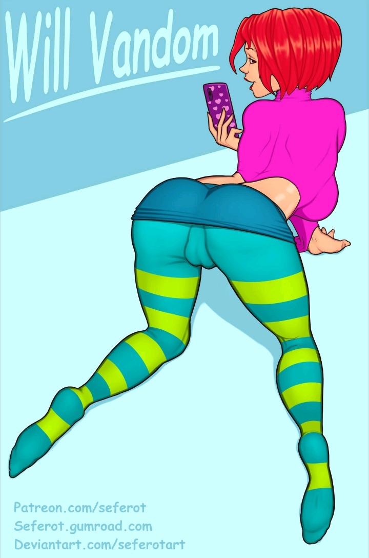 1girls blue_background cameltoe cellphone clothed deviantart_link deviantart_username doggy_style doggy_style_position doggystyle female female_only gumroad_username patreon_username phone pink_clothing pussy_visible_through_clothes red_hair seferotart selfie short_hair solo striped_pants w.i.t.c.h. will_vandom