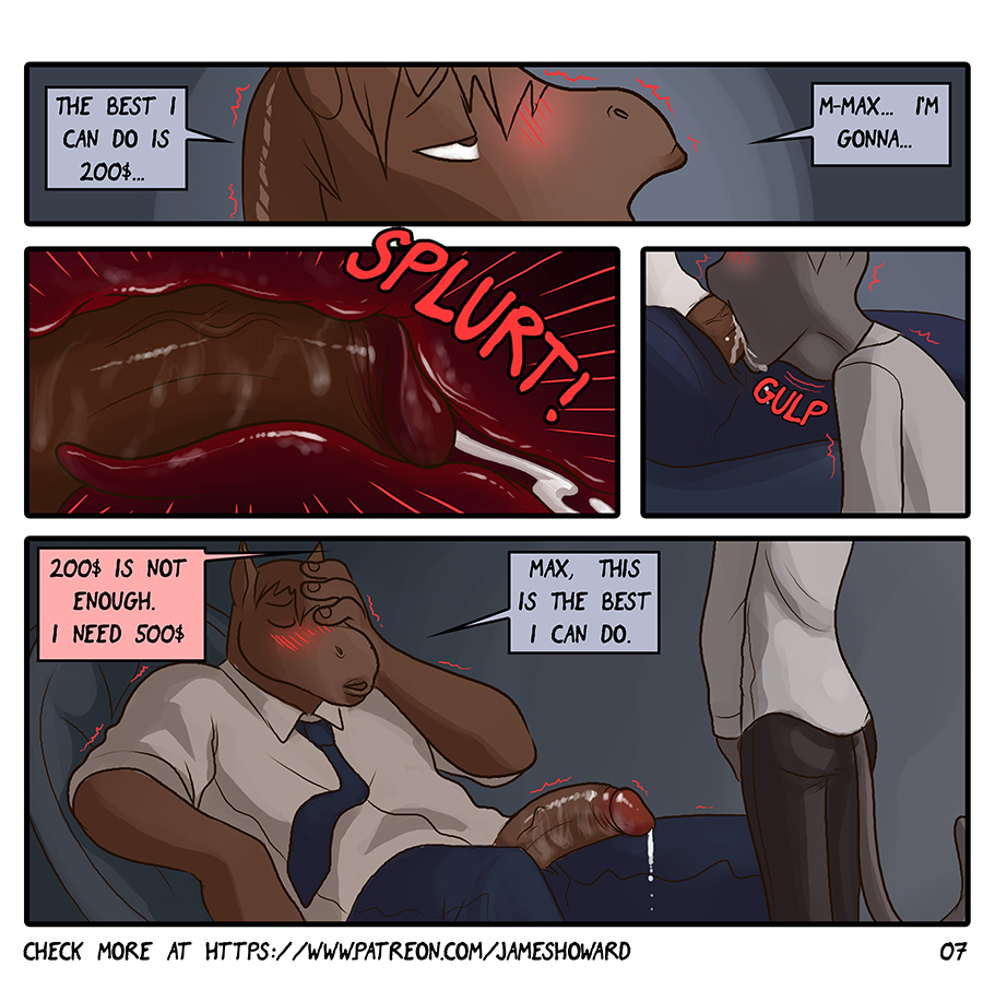 anthro blush boss comic cum cum_in_mouth cum_in_throat cum_inside deep_throat deepthroat equine erection feline fellatio james_howard male male_only mammal max max_(james_howard) neck_bulge office oral page_7 page_number penetration penis sex suit throat_bulge yaoi