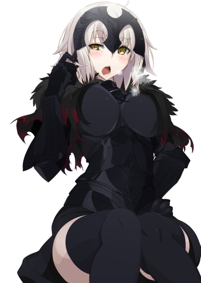 armor, artist request, black armor, blush, breasts, elbow gloves, fate (series), fate/apocrypha, female, gauntlets, huge breasts, jeanne alter, pale skin, short hair, silver hair, thighhighs, thighs, tiara, voluptuous, white background, yellow eyes
