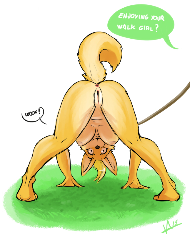 2015 all_fours anthro anus ass bent_over breasts canine dialogue english_text female fur furry furry_only grass leash looking_back mammal nipples nude petplay pussy rear_view roleplay solo speech_bubble tail text valtik yellow_fur