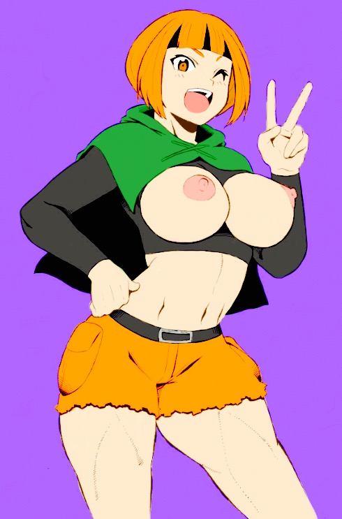breasts, clothing, curves, female, gardenia (pokemon), nintendo, nipples, open mouth, orange hair, pokemon, pokemon dppt, shorts, unknown artist